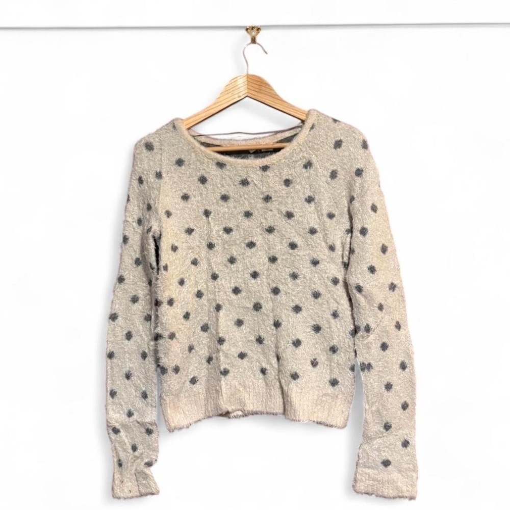 Moth Anthropologie Wool Blend Fuzzy Sweater Womens M Cream Grey Polka Dot Knit - Picture 2 of 5